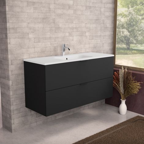 Inda - Badezimmerschrank B.120 mit mattiertem Waschbecken / Mattschwarz 2 Schubladen - Topazio (1/5)