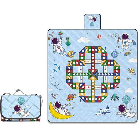 Flying Chess 2-in-1 Picknickdecke, 200 x 200 cm, wasserdicht, große Stranddecke mit Griffen, maschinenwaschbar, ideal für Camping, Reisen, Partys und Zuhause. (1/5)