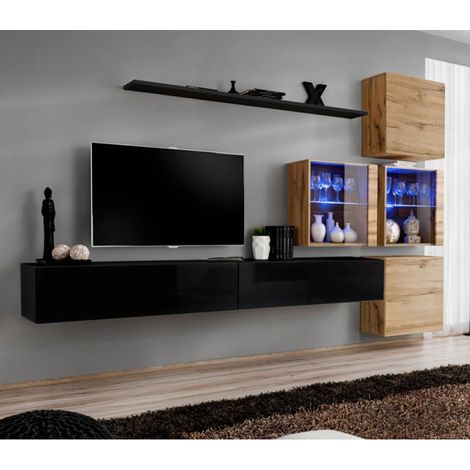 Meuble TV Mural Design "Switch XIX" 310cm Noir & Naturel (1/4)