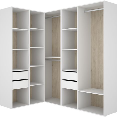 Pegane – Armoire d’angle moderne ouverte avec 3 penderies, 4 tiroirs – Dimensions 204,5 x 124 x 186,3 cm – Mélamine résistante pour rangement optimisé (1/5)
