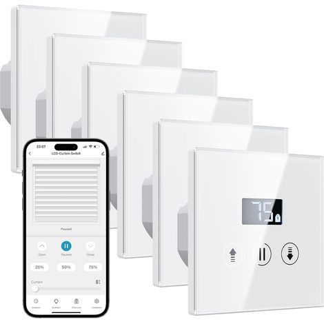 6 Pack Interrupteur Volet Roulant Connecté, 80x80 mm Interrupteur Intelligent Tactile, Équipé un Écran LCD en Pourcentage, Facile Installation (1/5)