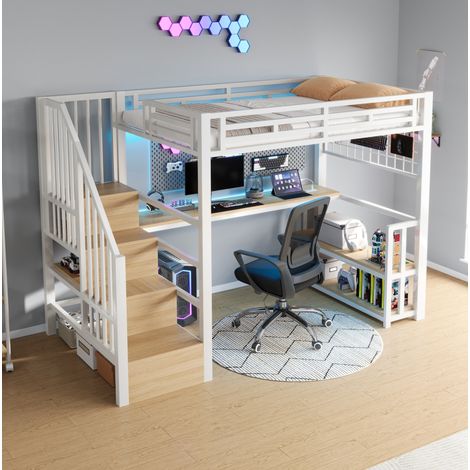 Letto a soppalco per bambini 90 x 200 cm in metallo e MDF bianco con scrivania, ripiani e LED (1/5)