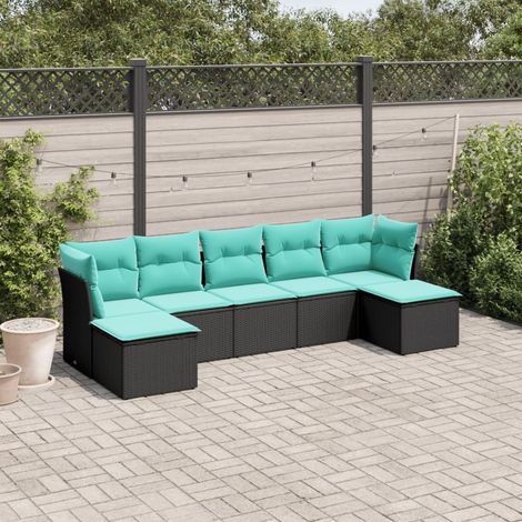 7-teiliges Gartensofa-Set mit Kissen, schwarzes Polyrattan (1/5)