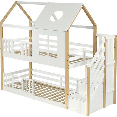 Litera infantil con escalera de almacenamiento, cama casita, 90 x 200 cm, blanco y natural, HOMVRA (1/5)