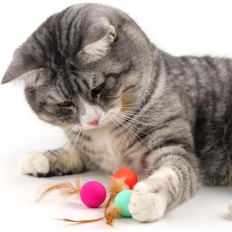 3 Pieces Cat Rebounding Balls with Natural Feathers, Cool Sports Pattern Pet Balls for Hunting Simulation Interactive Play (1/5)