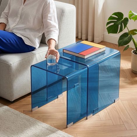 Conjunto de 2 mesas nido Kariengem vidrio templado - Azul [en.casa] (1/5)