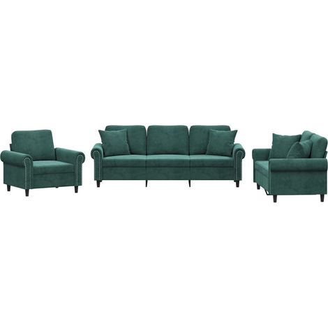 vidaXL Set di Divani 3 pz con Cuscini Verde Scuro in Velluto (1/5)