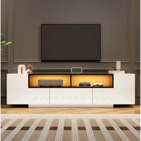 TV Lowboard (180x40x48 cm), mit LED Licht, 2 L förmige Schränke, Schublade, Spanplatte, Weiß (1/5)