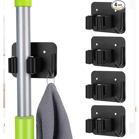 3-H 4er-Set Wandbesenhalter ohne Bohren oder Schrauben, selbstklebender Edelstahl-Wandhaken, Wandbesenhalter mit Haken für Küche, Bad, Garage, Garten, Schwarz