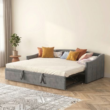 Canapé lit convertible 90x190/180x200 cm, lit gigogne extensible, banquette lit velours avec sommier à lattes, gain de place, Gris