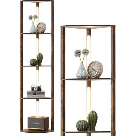 Lampadaire sur pied salon LED dimmable – 3 températures de couleur – Interrupteur à pied – H163 cm – Marron – Étagères intégrées (1/5)