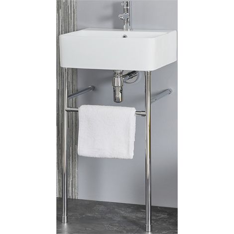 Milano Farington White Ceramic Bathroom Basin Sink with One Tap Hole and Chrome Washstand - 460mm x 420mm