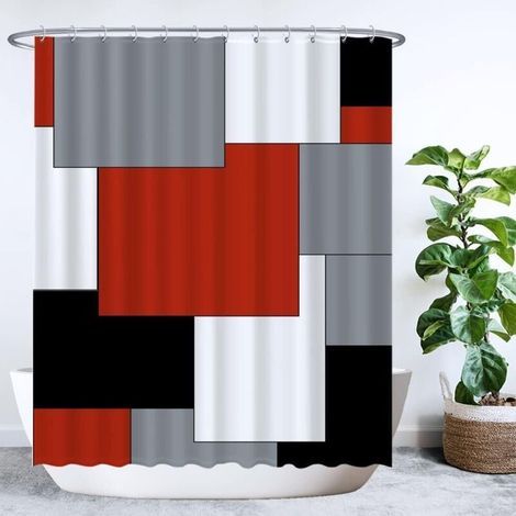 Rideau de che - Rectangle Carré - 180 x 200 cm - Lavable - Anti Moisissure - avec 12 Anneaux - Rouge Gris Noir Blanc (1/2)