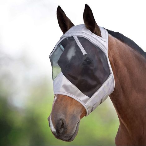 Masque anti-mouches pour chevaux en polaire épaisse et maille fine translucide, standard, argenté/noir rétro, taille M (1/3)
