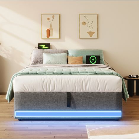 DESVIAE Lit rembourré 90 x 200 cm avec LED multicolore USB et Type C rangement hydraulique poches latérales sans tête de lit gris linen MDF (1/5)