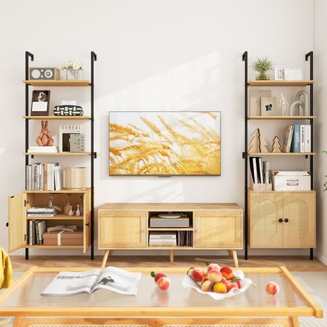 Bibliothèque à 3 Niveaux avec Armoire en Rotin Bibliothèque Murale Échelle de 184 cm avec Étagère Réglable Présentoir Ouvert Naturel (1/2)