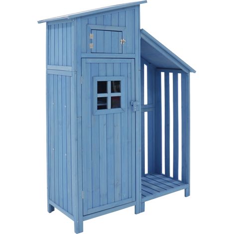 Abri de jardin en bois - 124x46x174cm - 2 étagères - 8 pieds en bois massif - Bleu (1/5)