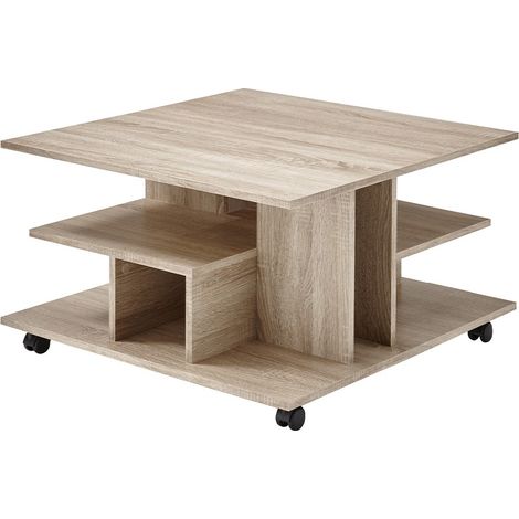 CALICOSY - Table Basse sur Roulettes avec Niches de Rangement - 76 x 76 x H44 cm (1/4)