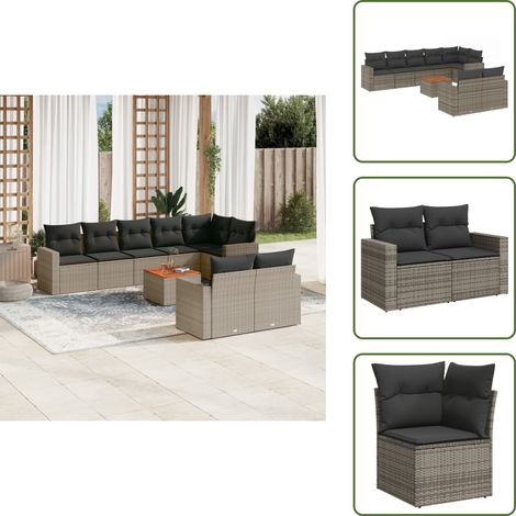 The Living Store 9-tlg. Garten-Sofagarnitur mit Kissen Grau Poly Rattan - Gartenmöbel Set - Esszimmergarnitur Outdoor - Lounge Möbel - Rattan Gartenset - Balkonmöbel (1/5)