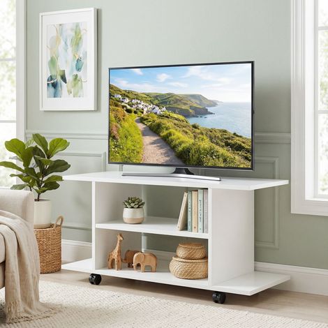 Meuble TV moderne avec étagères, roulettes pivotantes et freins, 80 x 40 x 40 cm, blanc (1/5)