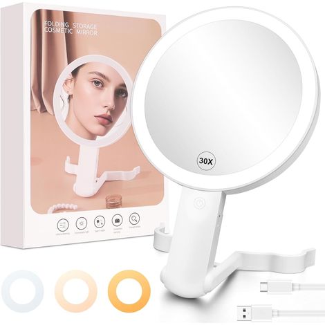 1 Miroir Grossissant Double Face 30X Et 1X Avec Éclairage 3 Couleurs Rechargeable USB-C Rotation 360° Pour Voyage Et Table (1/5)