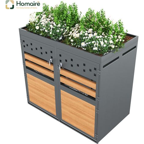 HOMAIRE Mülltonnenbox 2er avec toit planté, couleur anthracite, porte en look bois et possibilité d'extension