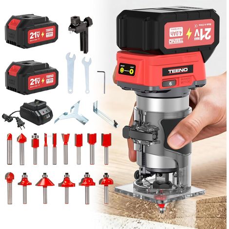 Défonceuse à bois sans fil 20V, mini défonceuse portable, jusqu'à 35,000 tr/min, avec 2 batteries de 4,0 Ah et moteur sans balais, 6 vitesses variables, livré avec guide de bord, guide à rouleau (1/5)