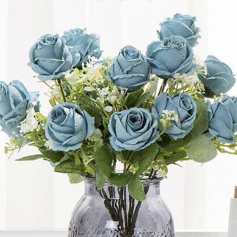 Bouquet de 9 roses artificielles en soie, idéal pour la mariée, les fêtes de mariage et la décoration intérieure. 1 rose vintage/bunga.bleu (1/5)