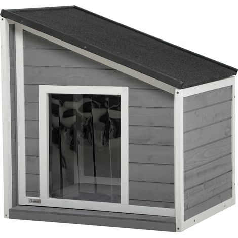 Caseta para perros, diseño resistente a la intemperie, techo abatible para facilitar el acceso, color gris. (1/2)