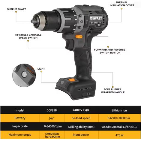 DEWALT DCD85M Perceuse visseuse à percussion 18V XR brushless, couple 90Nm, outil nu, sans batterie ni chargeur (1/5)