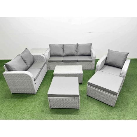 Fimous Patio PE Wicker 8 Seater Outdoor Rattan Furniture Sofa Sets with Rectangular Coffee Table Reclining Chair Loveseat Sofa 3 Seater Sofa 2 Big Footstools Side Table Light Grey (1/4)