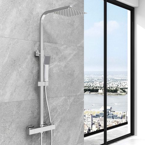 SKY Bathroom Thermostatic Shower Mixer Set Chrome Square Exposed Valve Bar Twin Head Kit