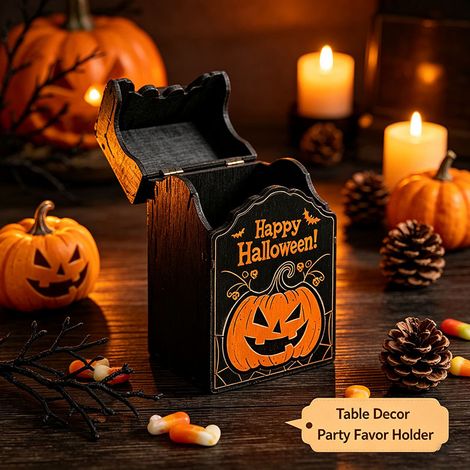 Halloween Holzbox Schwarz mit Kürbis und Schädel Motiv Handarbeit Deko für Tisch (1/3)