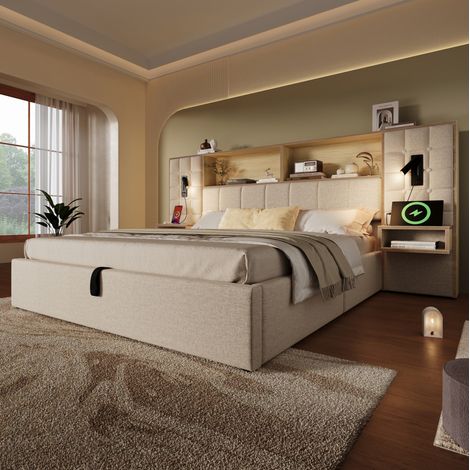 Lit adulte 160x200 cm avec rangement, LED, USB et Type-C, 2 chevets suspendus, lin beige (1/5)