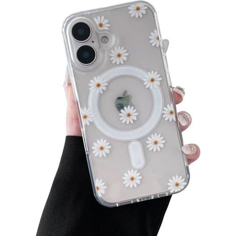 Magnetic Transparent Case for iPhone 16 – Daisy Pattern – MagSafe Compatible, Wireless Charging – Shockproof Protection (1/5)