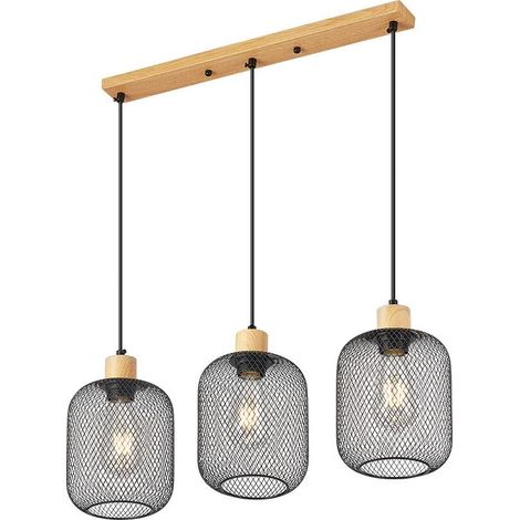 Suspension décorative 3xE27 23W IP20 – Noir et bois (1/4)