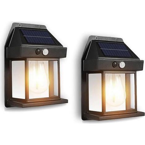 Farola Solar - Detector De Movimiento - IP65 - Para Jardín Terraza Porche - 17x11 cm - Plástico - Negro Blanco Luz Cálida - 2 Unidades (1/5)