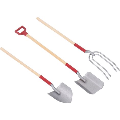 Ensemble de 3 outils agricoles miniatures robustes en alliage avec manche en bois, pour maison de poupée et jardin, idéal pour les jeux de décoration. (1/5)