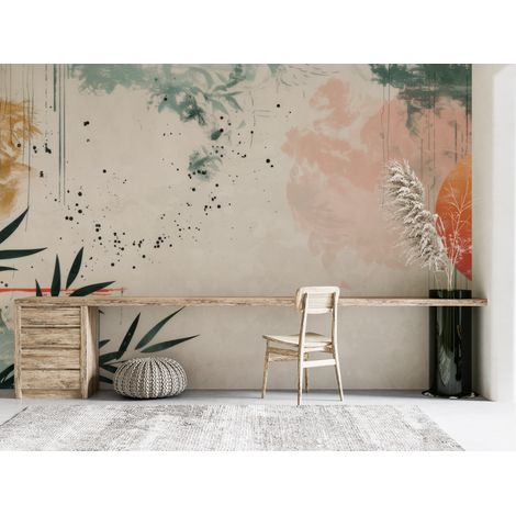 Papier peint nature - soleil rouge et bambous style estampe asiatique - 150 x 250 cm (1/2)