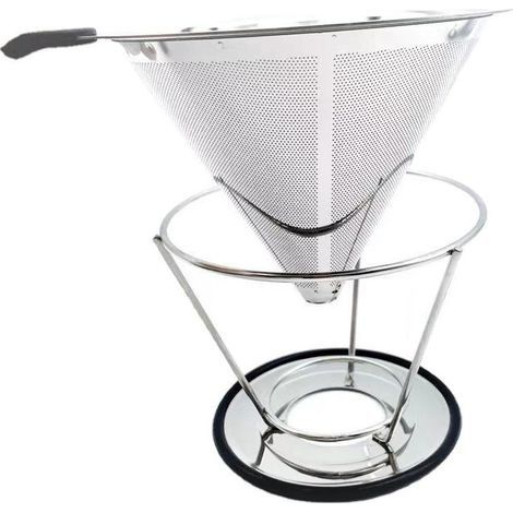 Filtre à Café Permanent en Inox sans Papier avec Tube Brosse de Nettoyage,Goutteur de Café Cône Réutilisable avec Double Maille en Inox et Anse en Silicone pour 1-4 Tasses (1/5)