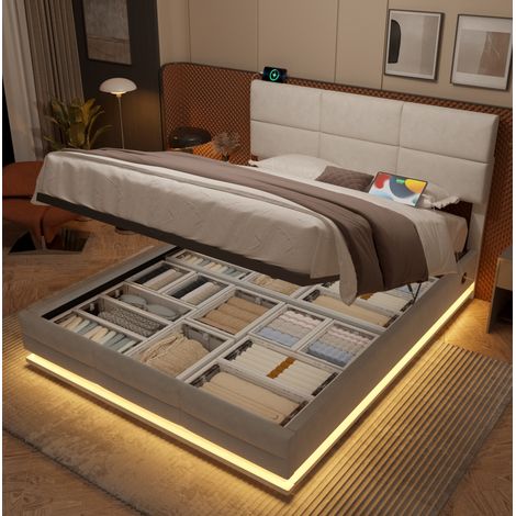 Cama con almacenamiento 180x200 cm beige de terciopelo con LED, puertos USB/USB-C y elevación hidráulica (1/5)
