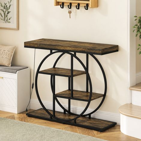 Console meuble avec éclairage LED 100 cm, table console à 4 niveaux avec étagères ouvertes, marron rustique et noir (1/5)