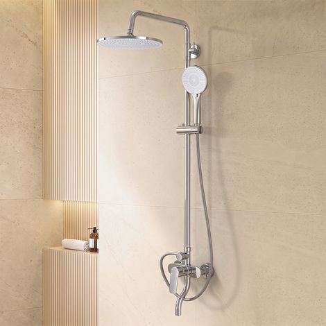 EVERSTEIN Duschsystem Chrom, Aufputz-Einhebelmischer, 253-mm-Regendusche, 120-mm-3-Strahl-Handbrause, Wannenauslauf, höhenverstellbar, Stichmaß 150 mm (1/5)