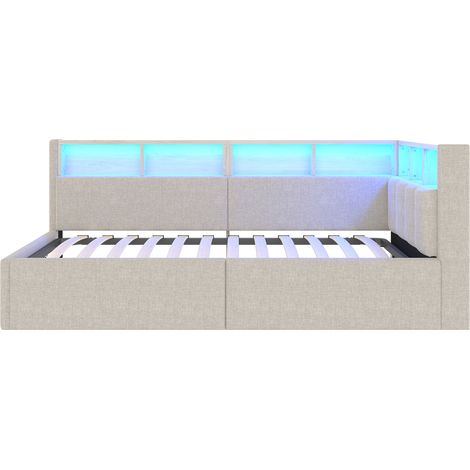 Cama de día 90 x 200 cm de lino beige con almacenaje hidráulico, LED y USB-C sin colchón (1/5)