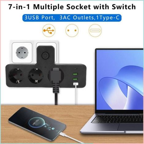 Rallonge De Prise - 3 Prises CA 3 USB 1 Type C - Protection Contre Les Surcharge - 2500 W - 16 A - 20 5 X 10 6 X 8 Cm - 1 Piece (1/5)