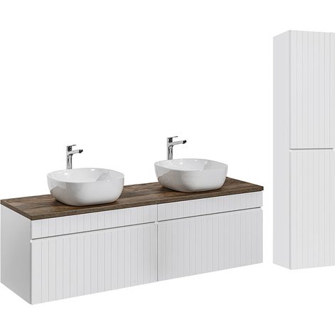 Conjunto mueble lavabo doble 160cm y columna Zelie Blanco y Madera