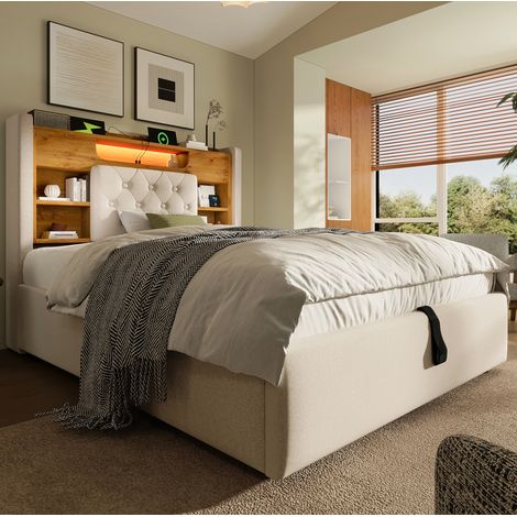 Cama con almacenaje 90x200 con LED y USB de lino OKMYHOME (1/5)