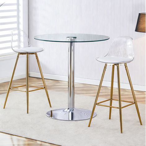 Conjunto de mesa de bar de cristal 89 cm con 2 taburetes transparentes, patas doradas DESVIAE (1/5)