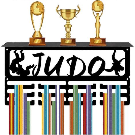 Présentoir à trophées et médailles de judo en métal noir, 3 rangées, 12 crochets, fixation murale, peut contenir plus de 60 récompenses d'athlètes. (1/5)
