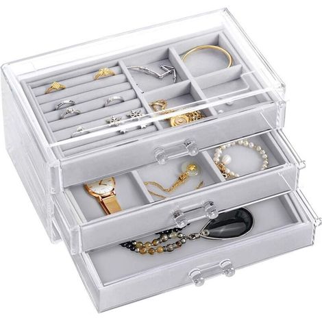 Transparent acrylic velvet jewellery box for women with 3 drawers for rings, earrings and necklaces (1/3)